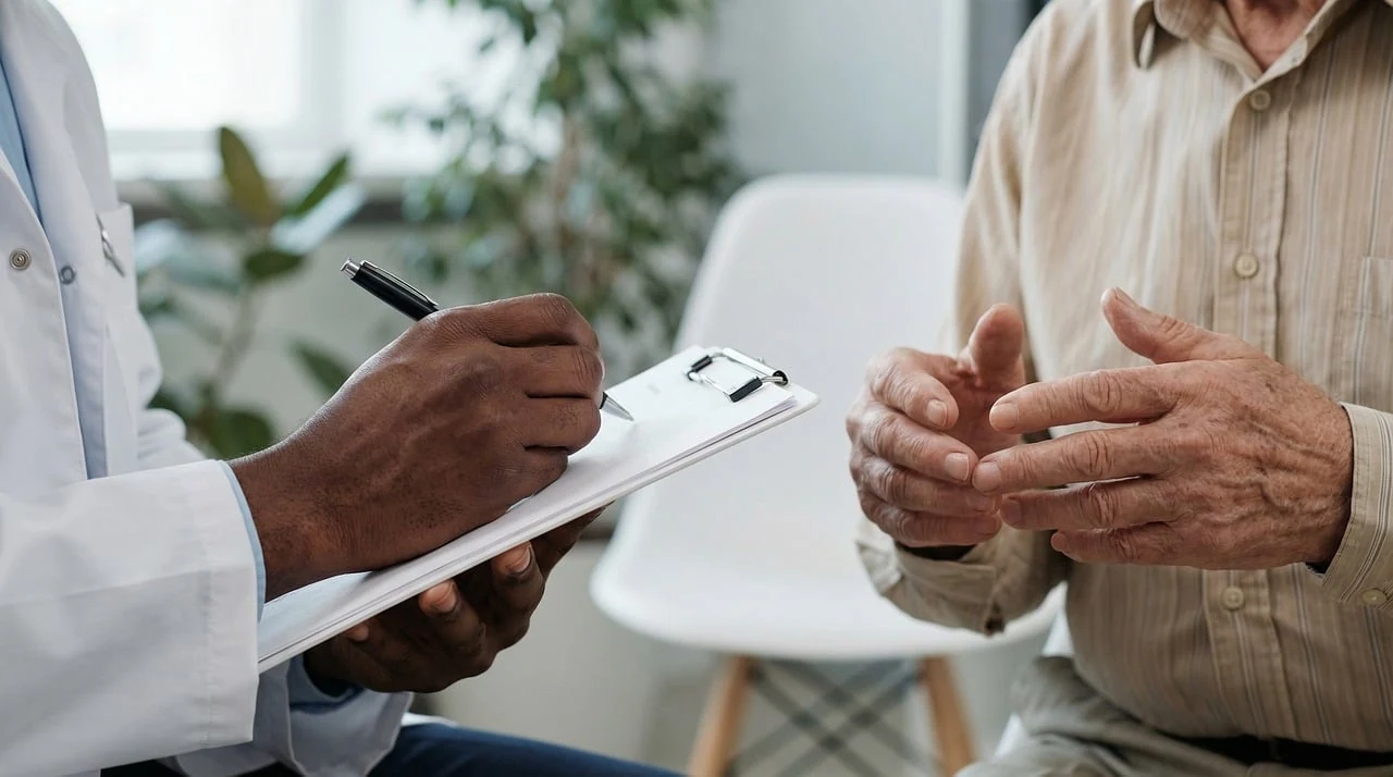 Doctor in a white coat takes notes on a clipboard while talking with an older patient about hemorrhoid symptoms