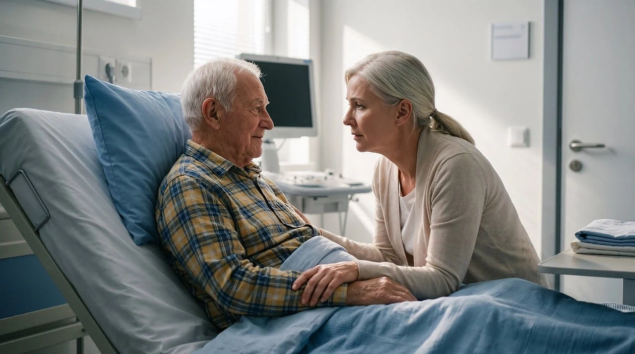 Woman leans toward an elderly man in a hospital bed and holds his hand while he recovers from a stroke