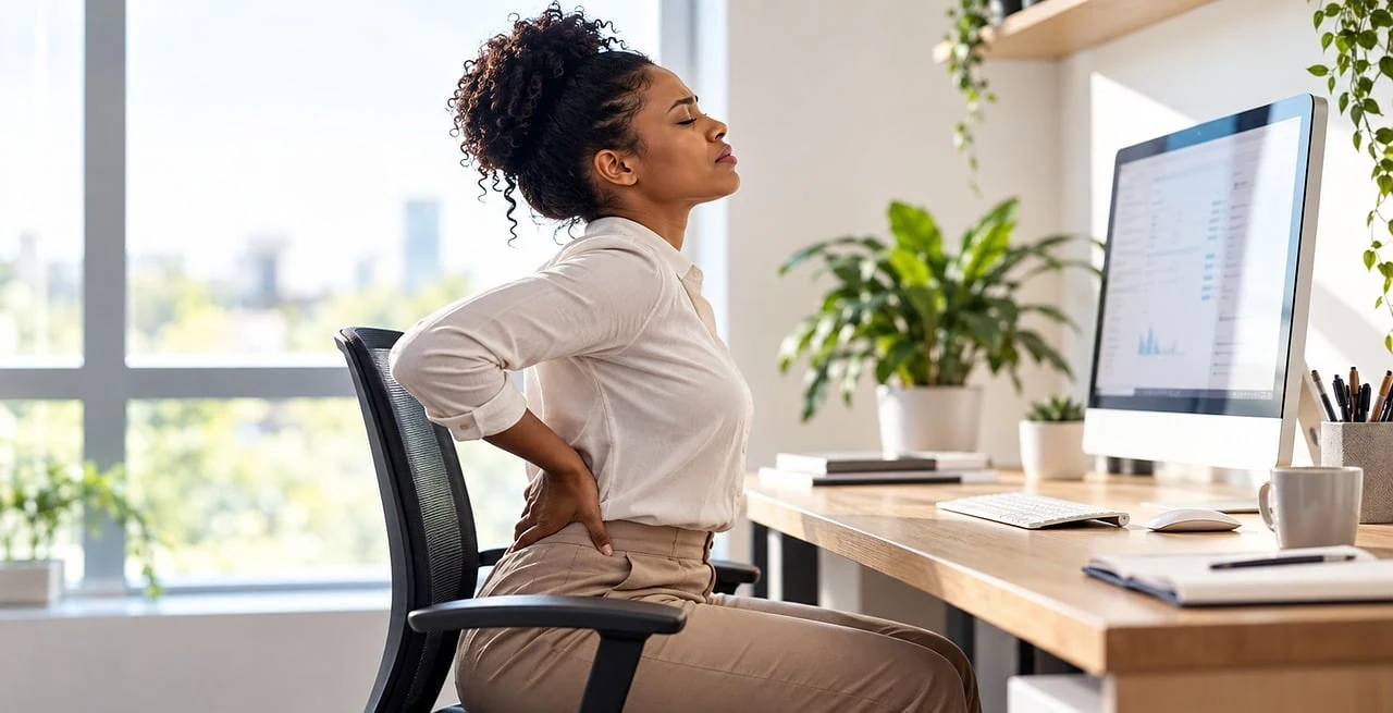 Woman at an office desk pressing a hand to her lower back in pain, as in kidney stone colic