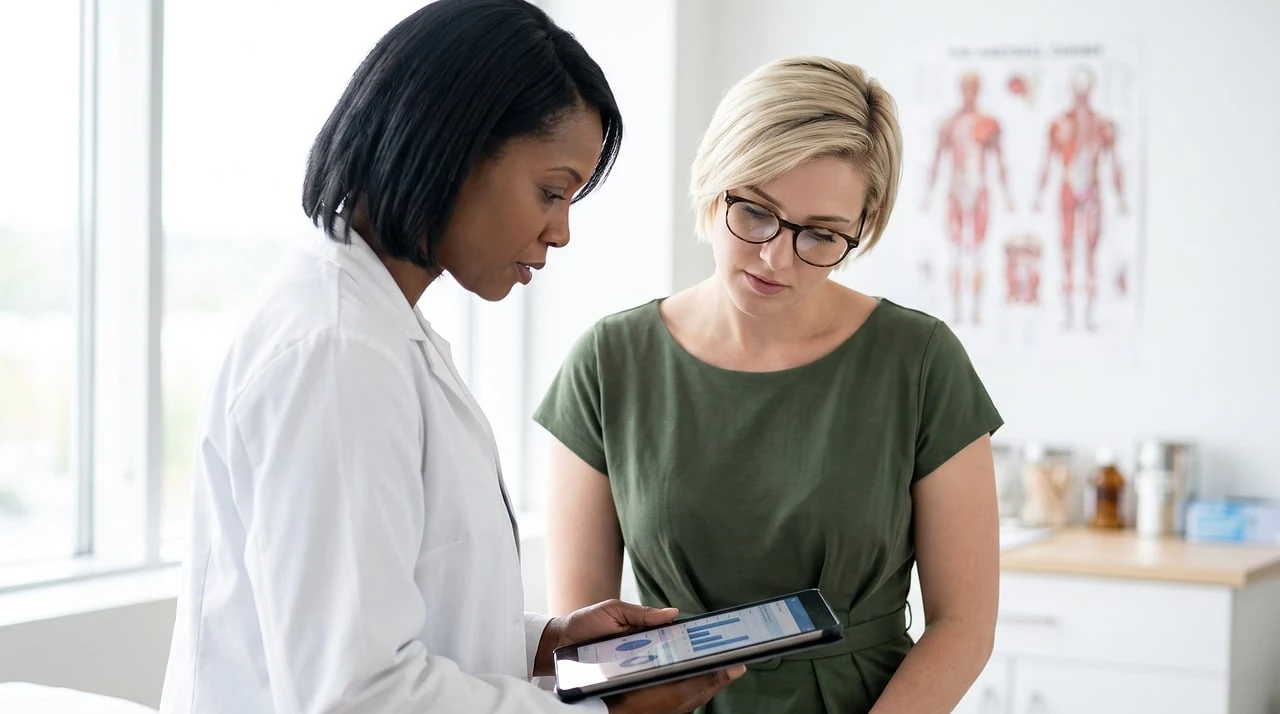 Doctor reviewing results on a tablet with a patient during a routine preventive checkup