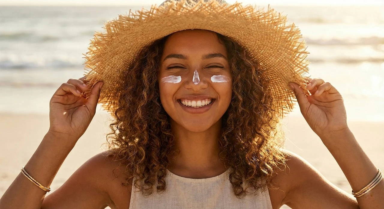 Smiling woman in a straw hat with streaks of sunscreen on her face at the beach, protecting skin from the sun
